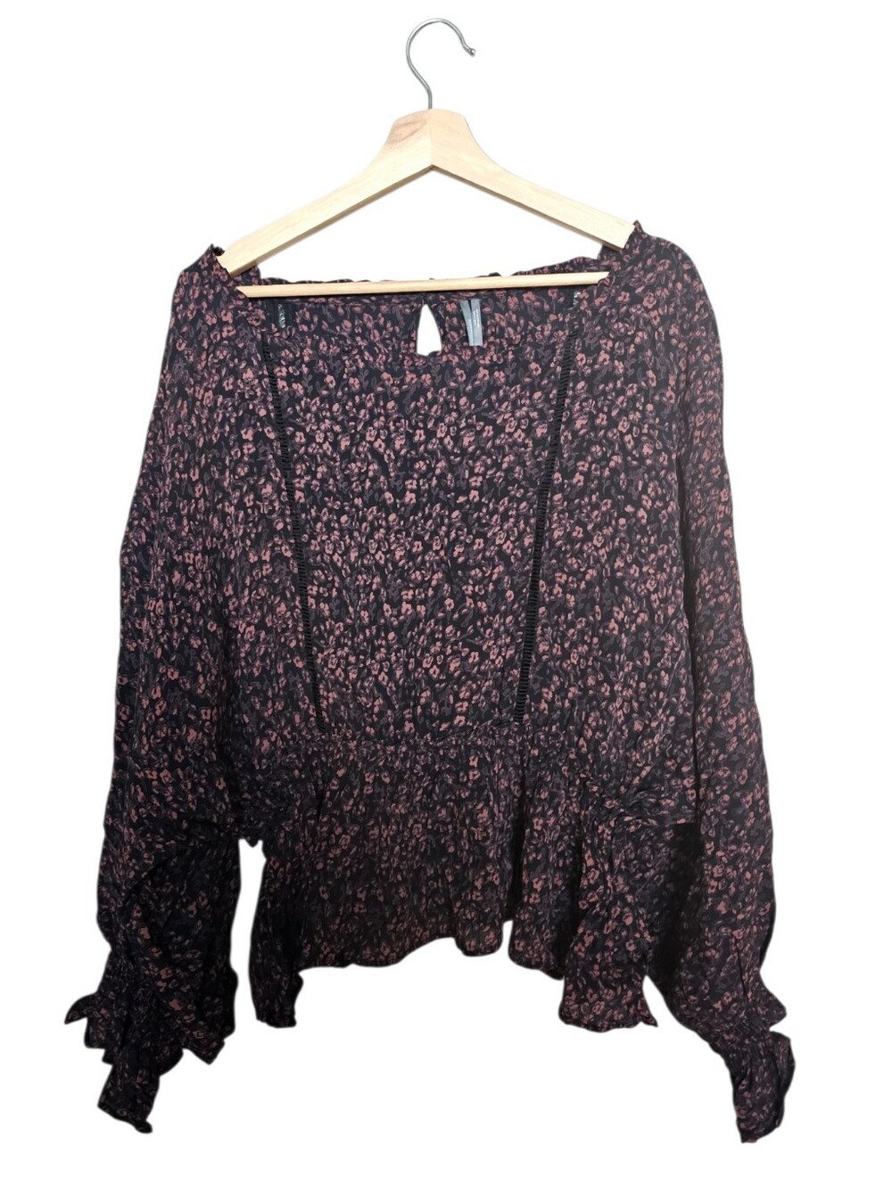 Anthropologie Black Floral Peasant Blouse - Lightweight Long Sleeve Top